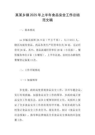 某某乡镇2025年上半年食品安全工作总结范文稿