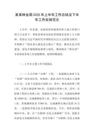 某某林业局2025年上半年工作总结及下半年工作安排范文