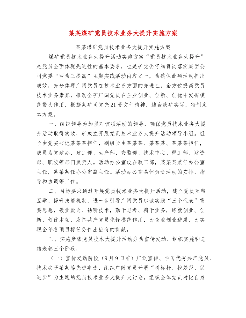 某某煤矿党员技术业务大提升实施方案_第1页