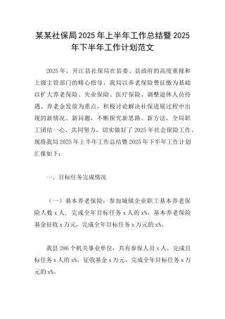 某某社保局2025年上半年工作总结暨2025年下半年工作计划范文