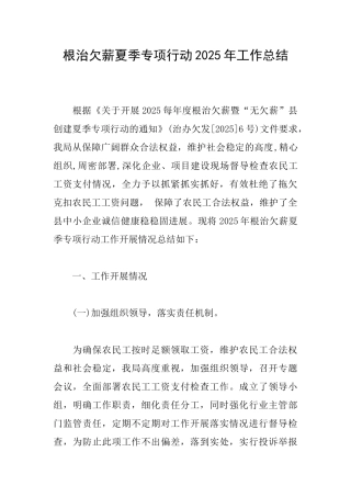 根治欠薪夏季专项行动2025年工作总结