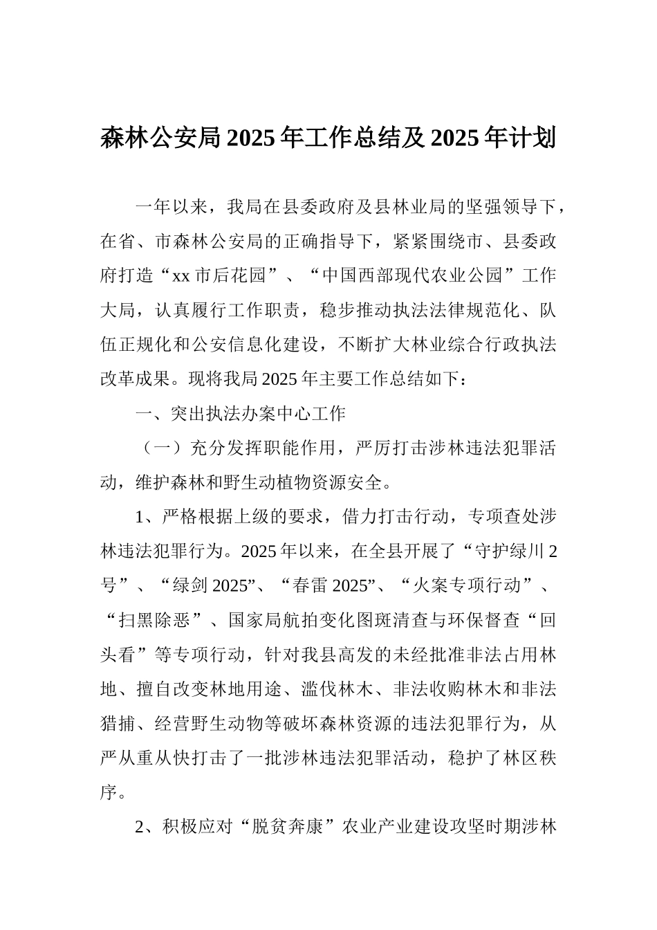 森林公安局2025年工作总结及2025年计划_第1页