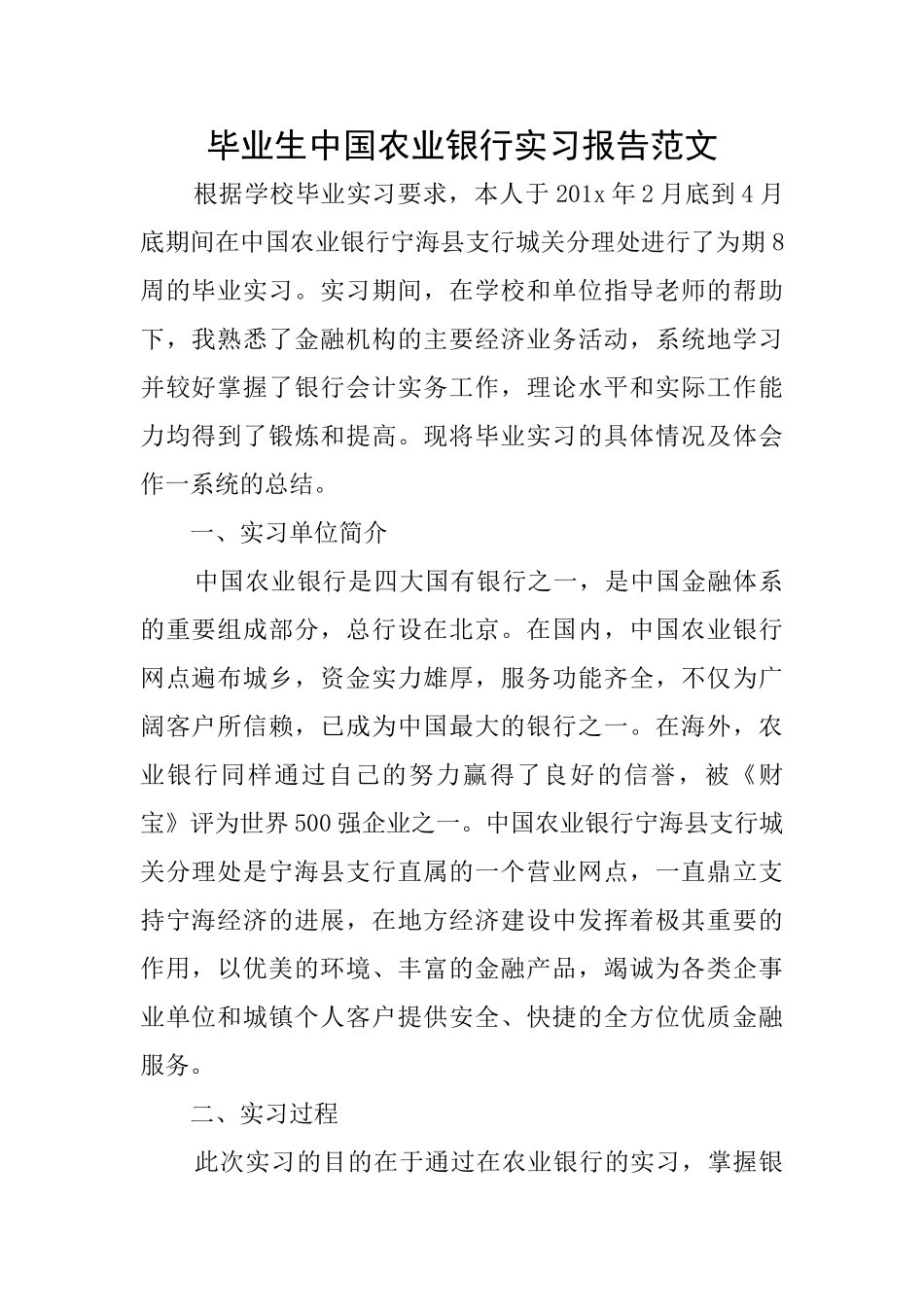 毕业生中国农业银行实习报告范文_第1页