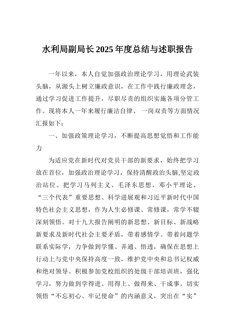 水利局副局长2025年度总结与述职报告_第1页