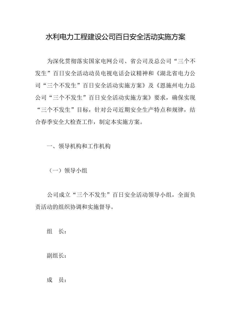 水利电力工程建设公司百日安全活动实施方案_第1页