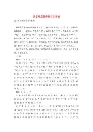 汉字常用偏旁部首名称表