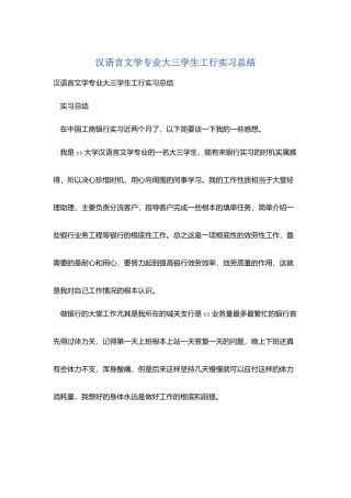 汉语言文学专业大三学生工行实习总结