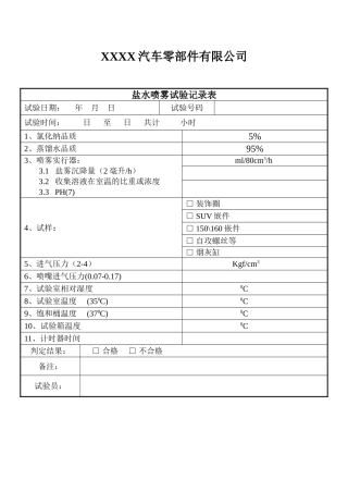 汽车零部件盐水喷雾试验记录表