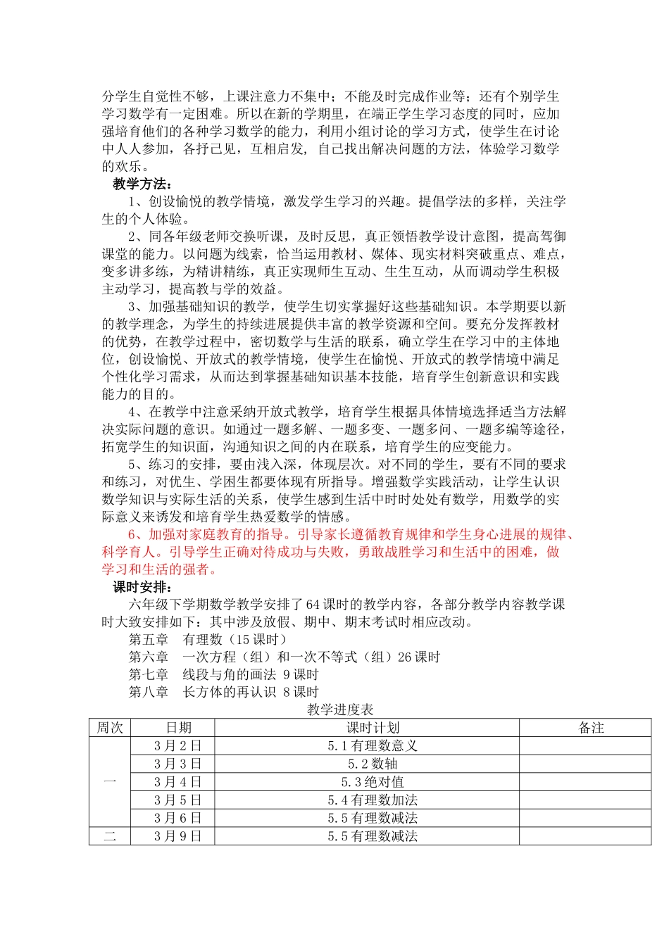 沪教版六年级数学下册教学计划及进度_第2页