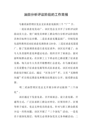 油田分析评议阶段的工作简报