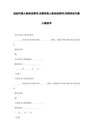 法定代表人身份证明书主要负责人身份证明书共同诉讼代表人推选书