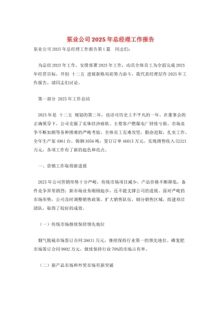 泵业公司2025年总经理工作报告
