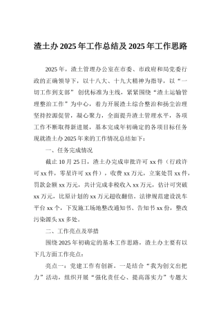 渣土办2025年工作总结及2025年工作思路