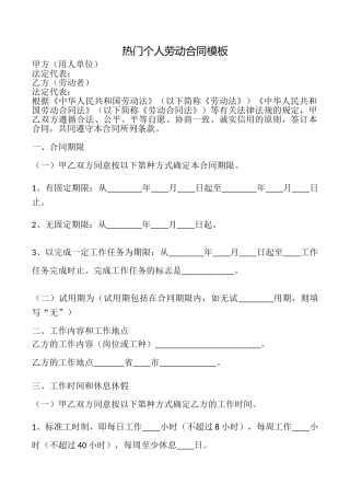 热门个人劳动合同模板