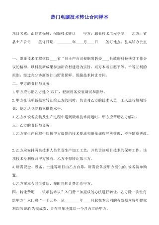 热门电脑技术转让合同样本