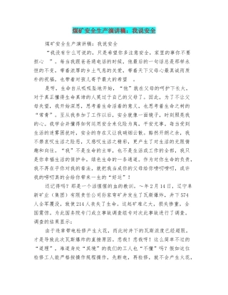 煤矿安全生产演讲稿：我说安全