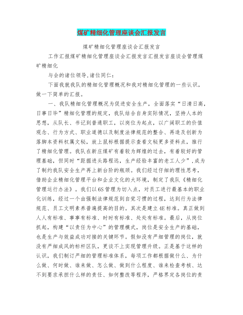 煤矿精细化管理座谈会汇报发言_第1页