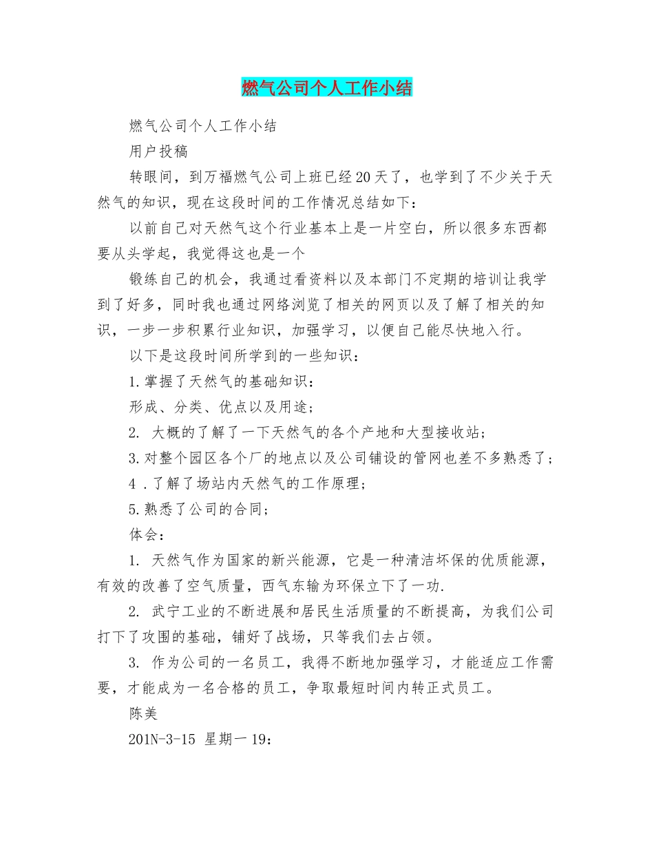 燃气公司个人工作小结_第1页