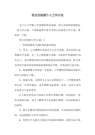 班主任助理个人工作计划