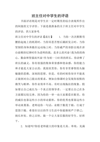 班主任对中学生的评语