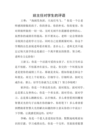 班主任对学生的评语