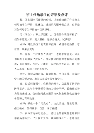 班主任给学生的评语及点评