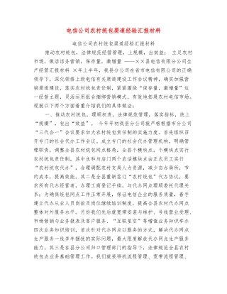 电信公司农村统包渠道经验汇报材料
