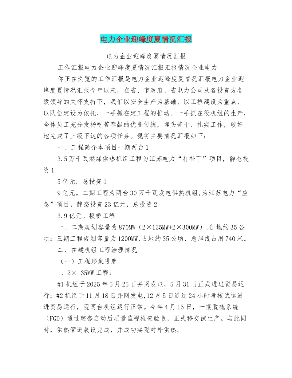 电力企业迎峰度夏情况汇报_第1页