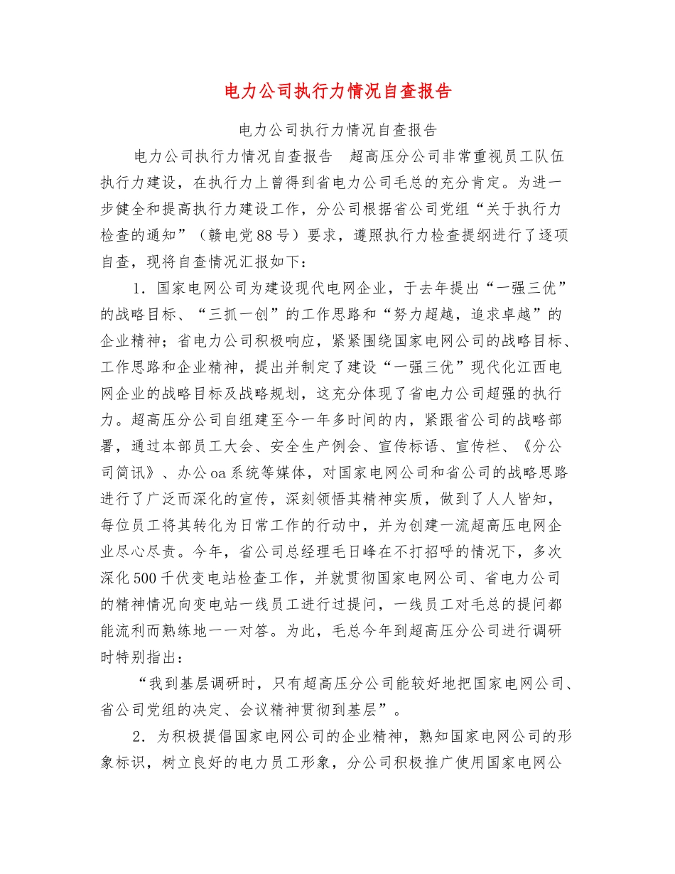 电力公司执行力情况自查报告_第1页