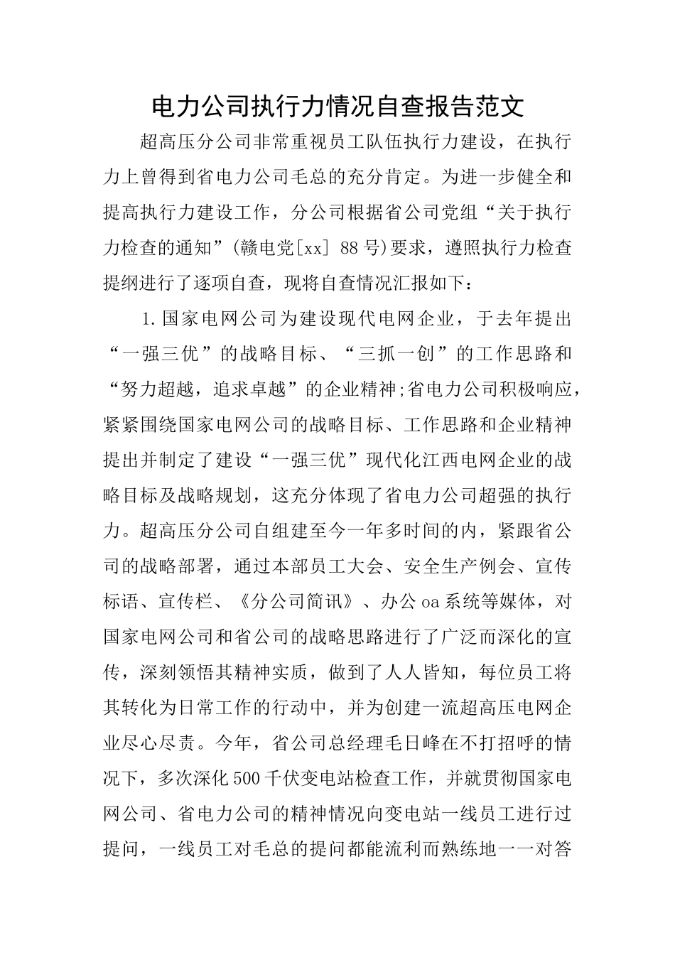 电力公司执行力情况自查报告范文_第1页
