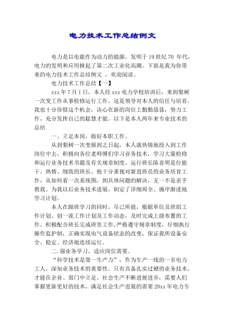 电力技术工作总结例文