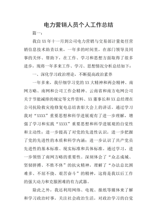 电力营销人员个人工作总结
