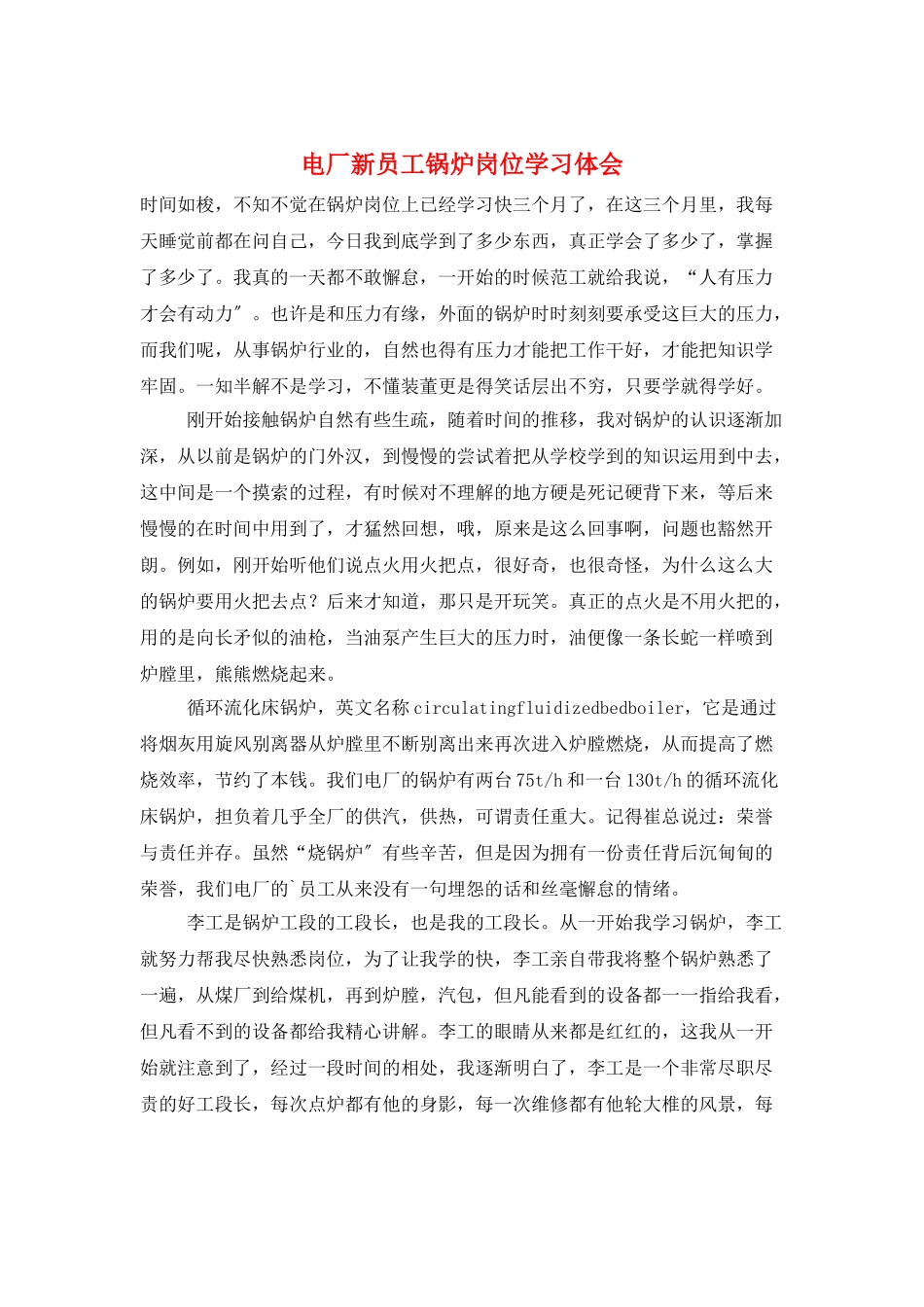 电厂新员工锅炉岗位学习体会_第1页