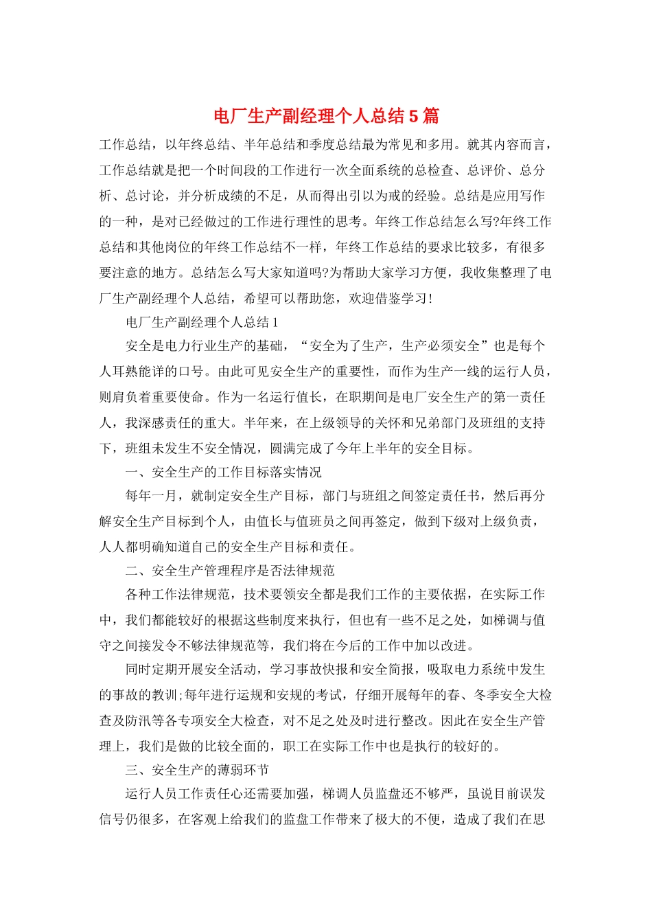 电厂生产副经理个人总结5篇_第1页