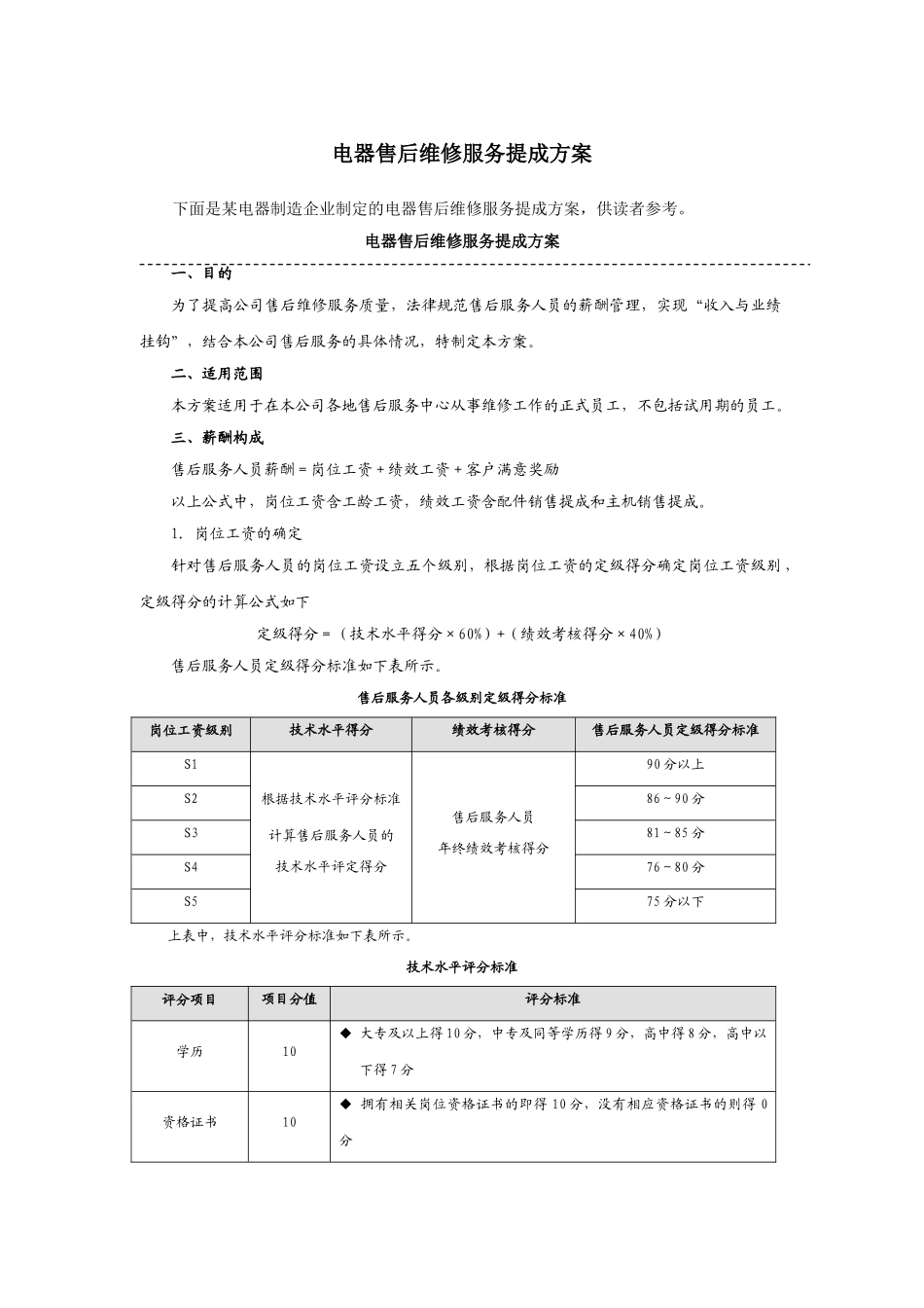 电器售后维修服务提成方案_第1页