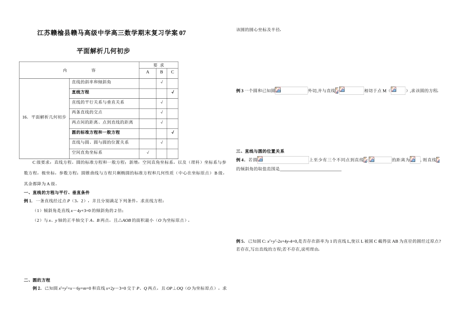 江苏赣榆县赣马高级中学高三数学期末复习平面解析几何初步教学案07_第1页