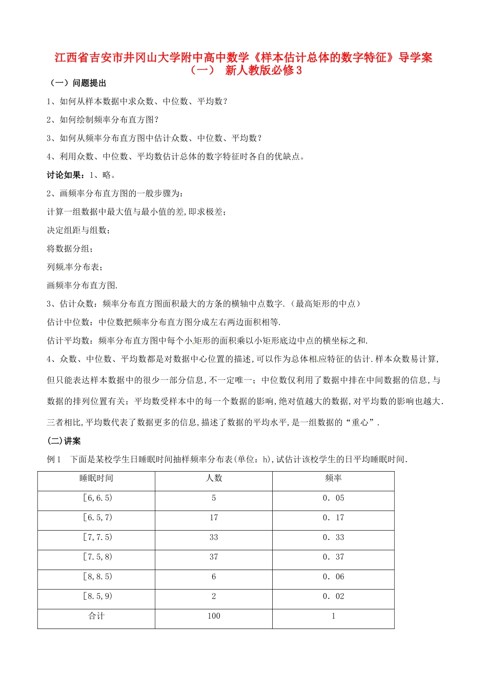 江西省吉安市井冈山大学附中高中数学《样本估计总体的数字特征》导学案（一） 新人教版必修3_第1页