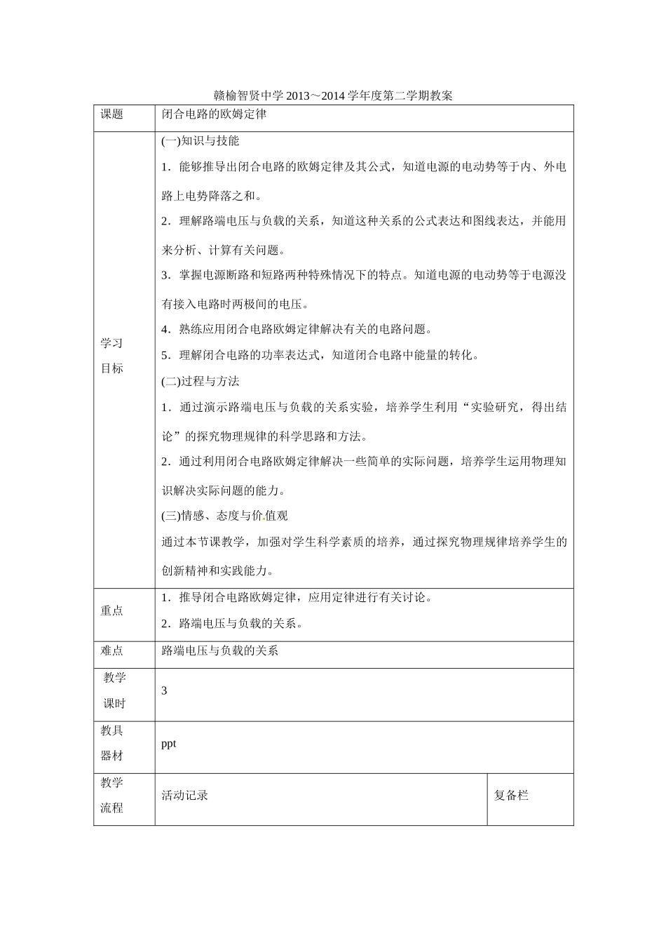 江苏赣榆县智贤中学高三物理总复习 闭合电路的欧姆定律教案_第1页