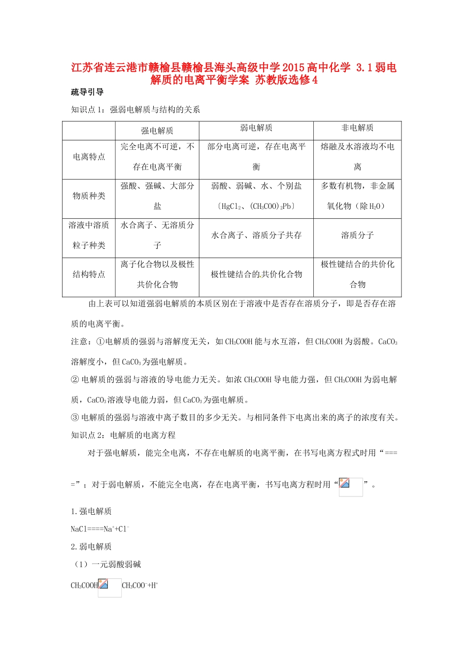 江苏省连云港市赣榆县赣榆县海头高级中学2015高中化学 3.1弱电解质的电离平衡学案 苏教版选修4_第1页