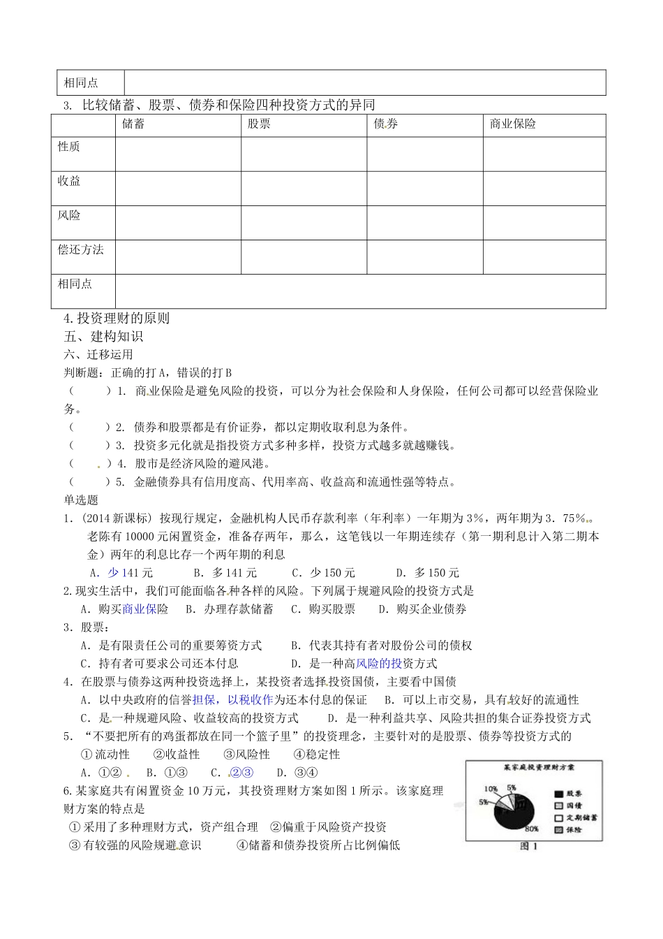江苏省连云港市赣榆县海头高级中学2014高中政治 6.2股票、债券和保险学案 新人教版必修1_第2页