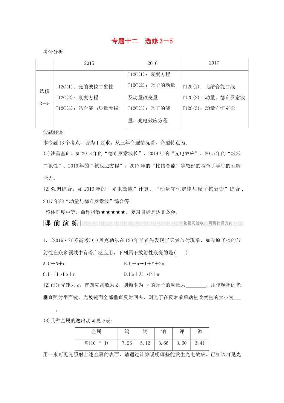 江苏省高考物理二轮复习 专题十二 选考部分教学案 选修3-5-人教版高三选修3-5物理教学案_第1页