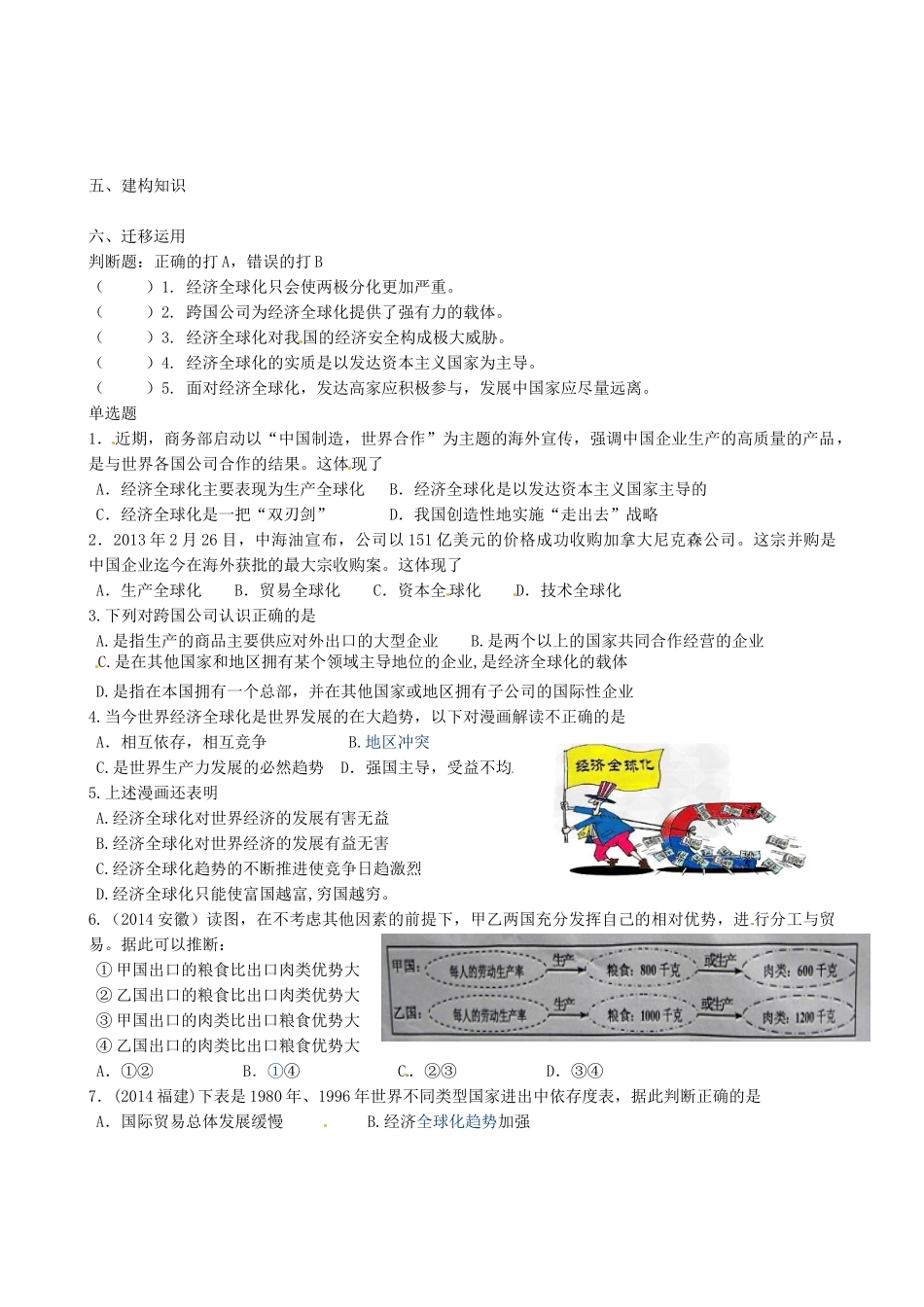江苏省连云港市赣榆县海头高级中学2014高中政治 11.1面对经济全球化学案 新人教版必修1_第2页