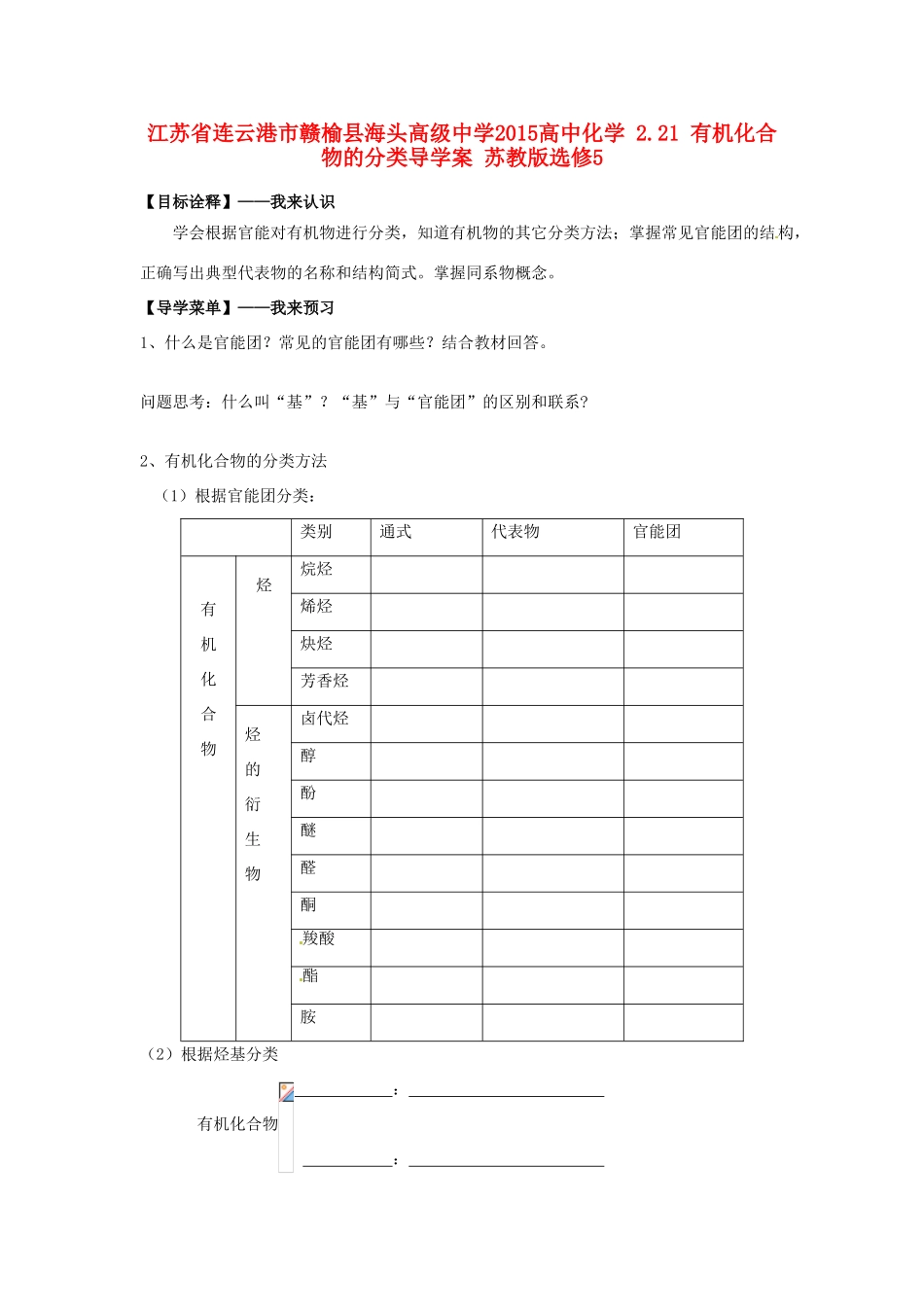 江苏省连云港市赣榆县海头高级中学2015高中化学 2.21 有机化合物的分类导学案 苏教版选修5_第1页
