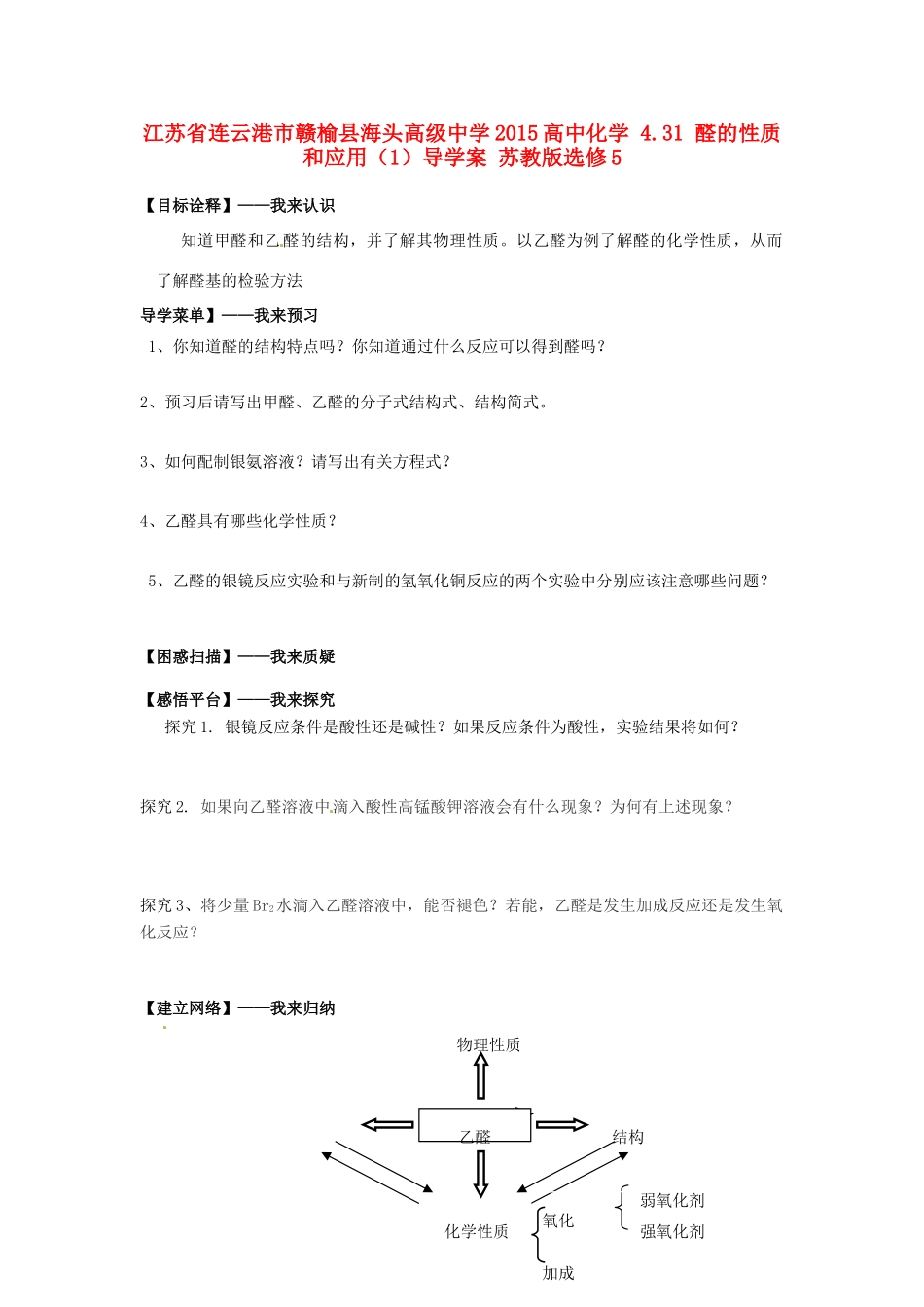 江苏省连云港市赣榆县海头高级中学2015高中化学 4.31 醛的性质和应用（1）导学案 苏教版选修5_第1页