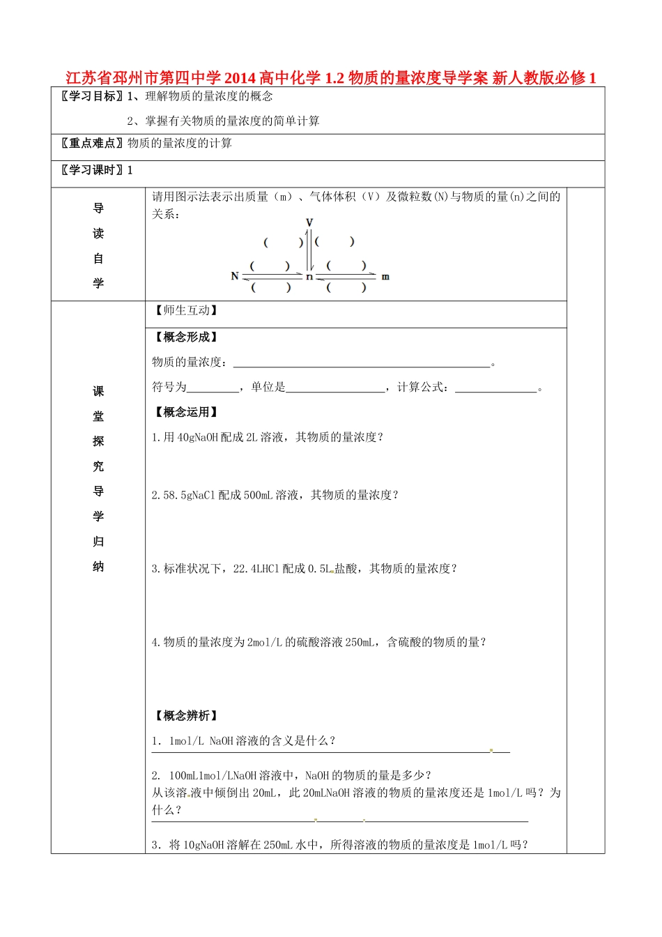 江苏省邳州市第四中学2014高中化学 1.2 物质的量浓度导学案 新人教版必修1_第1页