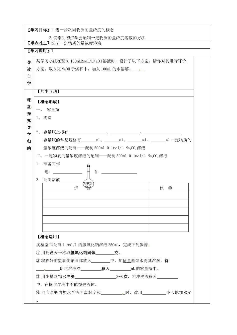 江苏省邳州市第四中学2014高中化学 1.2 一定物质的量浓度溶液的配制导学案 新人教版必修1_第2页