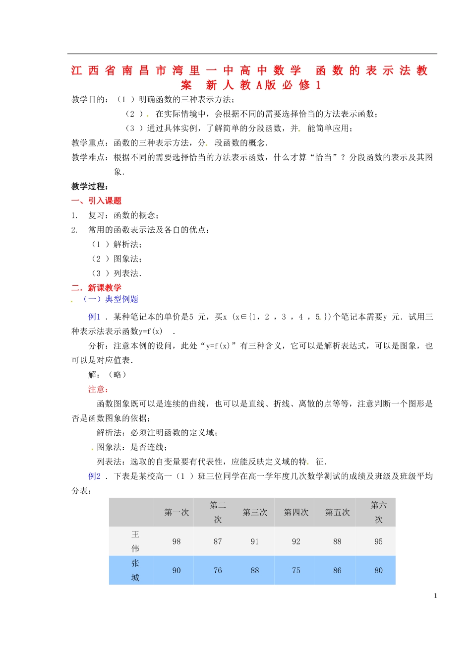 江西省南昌市湾里一中高中数学 函数的表示法教案 新人教A版必修1_第1页
