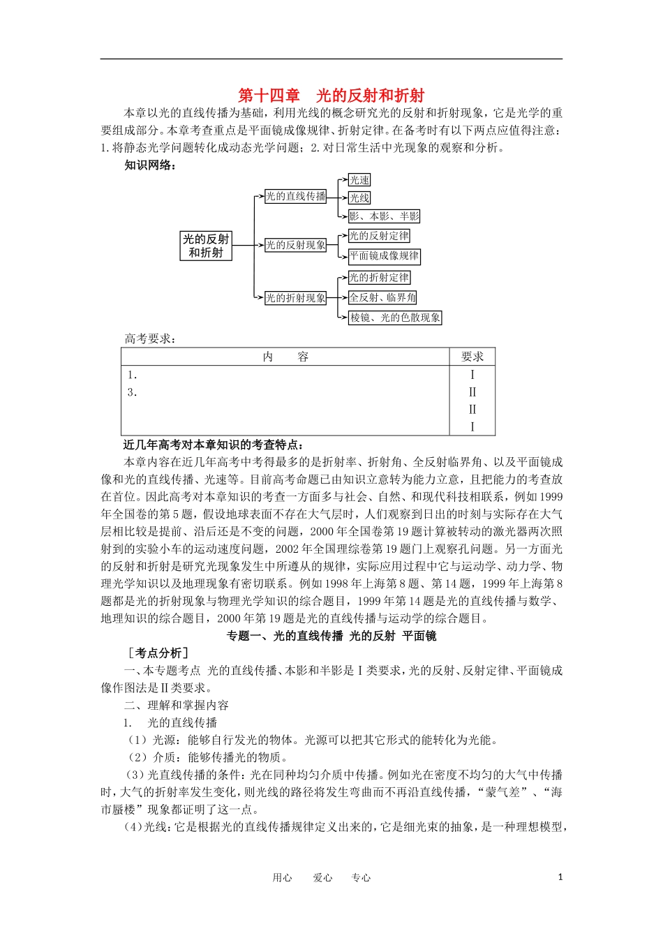河北省唐山市丰南区第一中学2012高三物理一轮复习 第十四章光的反射和折射教学案 新人教版_第1页