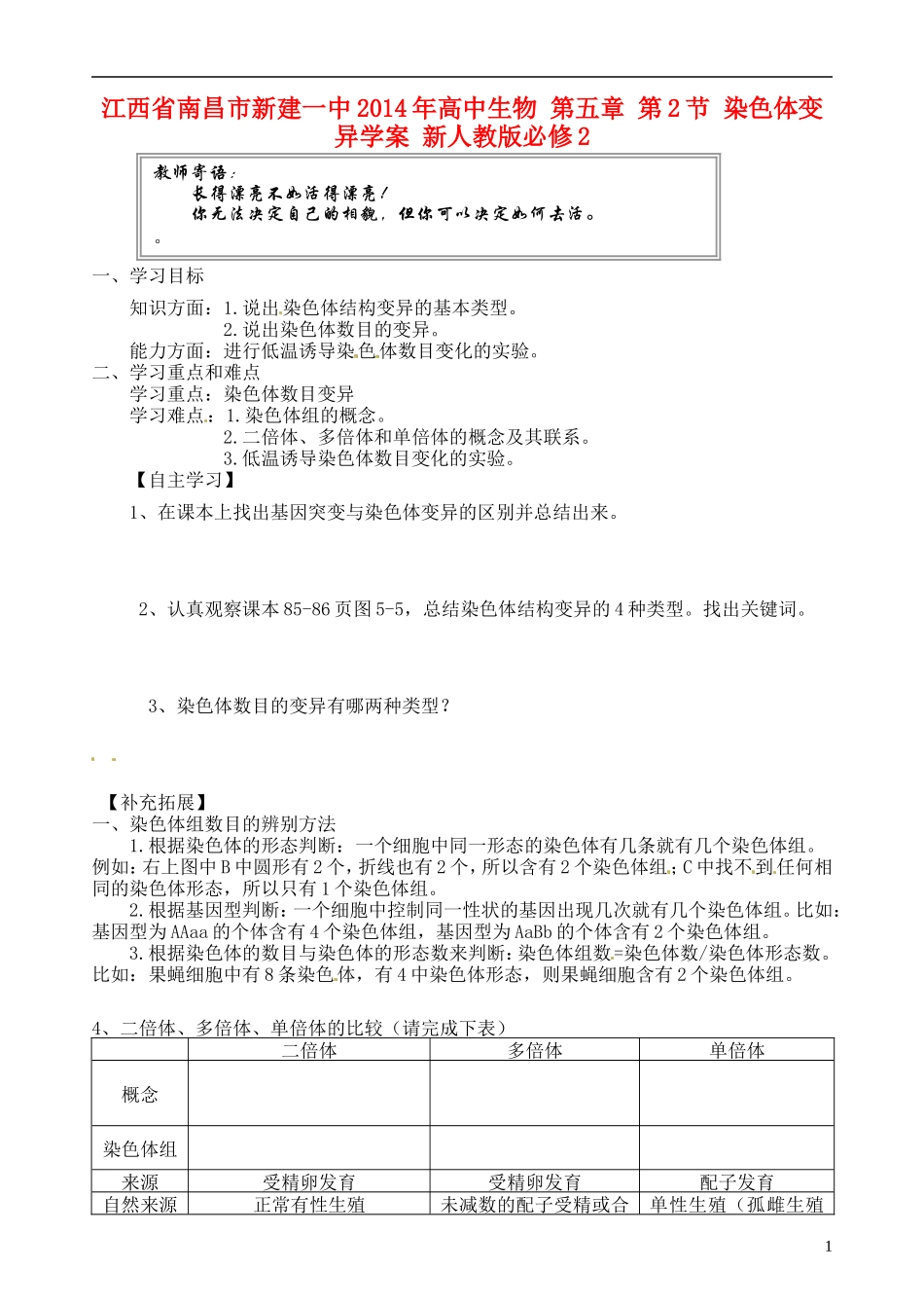 江西省南昌市新建一中2014年高中生物 第五章 第2节 染色体变异学案 新人教版必修2_第1页