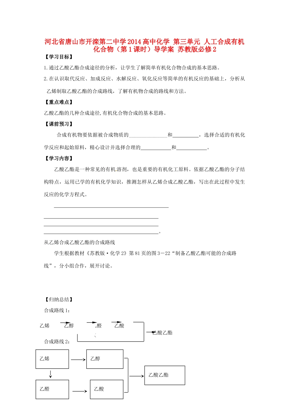 河北省唐山市开滦第二中学2014高中化学 第三单元 人工合成有机化合物（第1课时）导学案 苏教版必修2_第1页